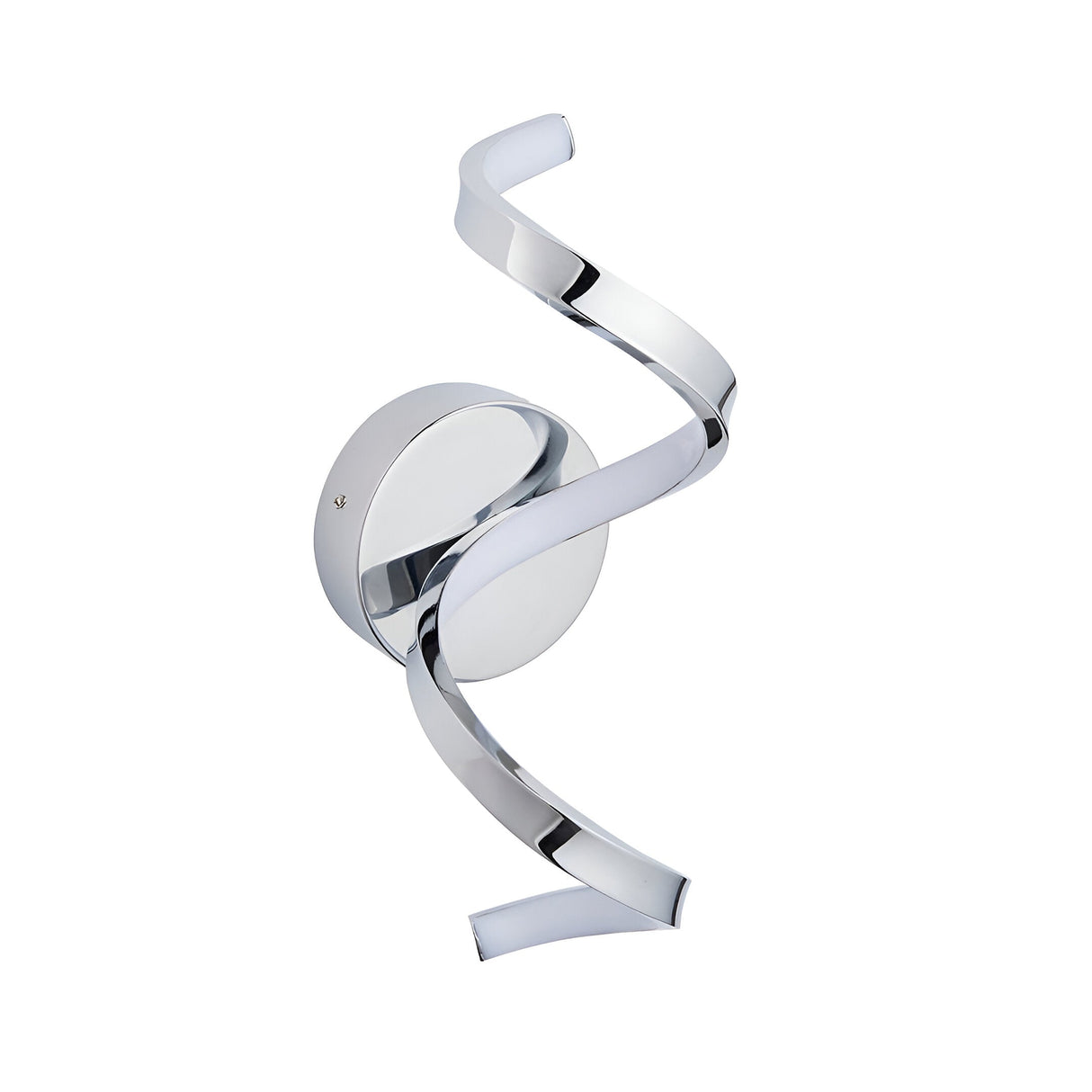 Endon Aldleigh LED wall light in chrome with a tall twisting ribbon form and round backplate, shown on a plain white background.