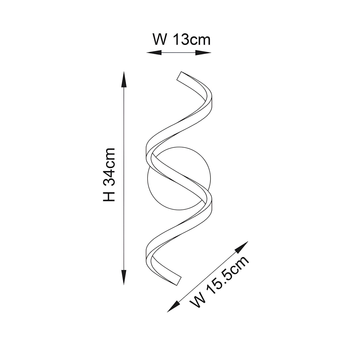 Dimension diagram of the Endon Aldleigh LED wall light in chrome and white, showing 34cm height, 13cm width and 15.5cm projection.