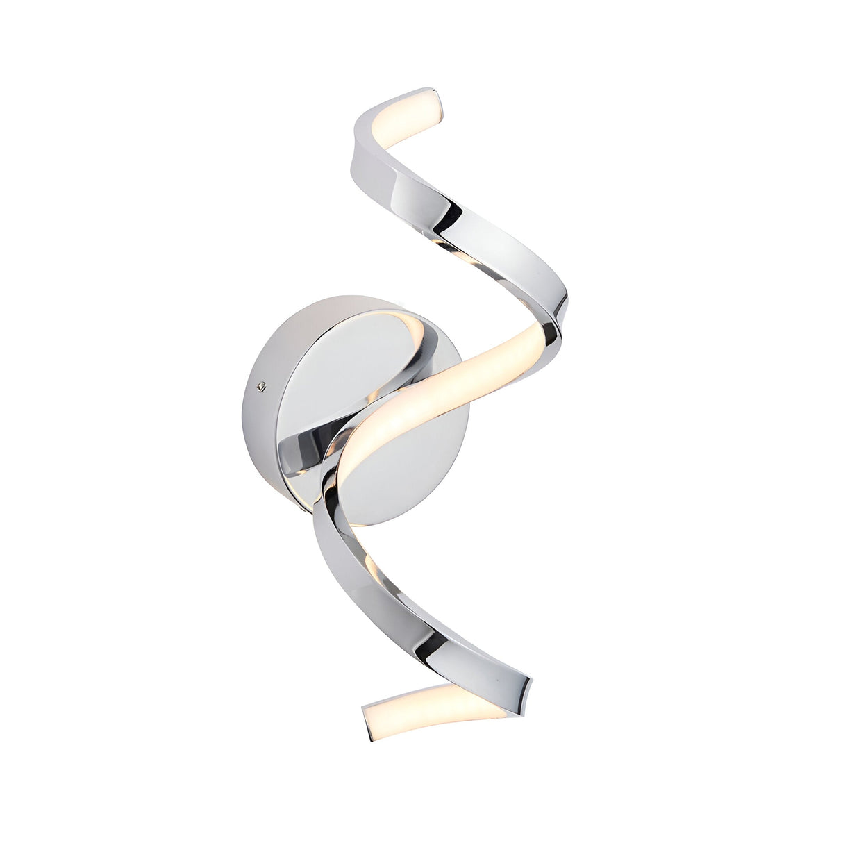 Endon Aldleigh LED wall light in chrome with a tall twisting spiral form and warm white integrated LED, mounted on a round backplate against a white background.