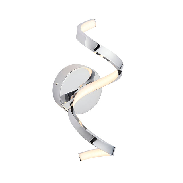 Endon Aldleigh LED wall light in chrome with a tall twisting spiral form and warm white integrated LED, mounted on a round backplate against a white background.
