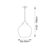 Technical line drawing of the Castworth chrome glass pendant light showing round globe shade, ceiling mount, adjustable drop 52-158cm, 32cm diameter.