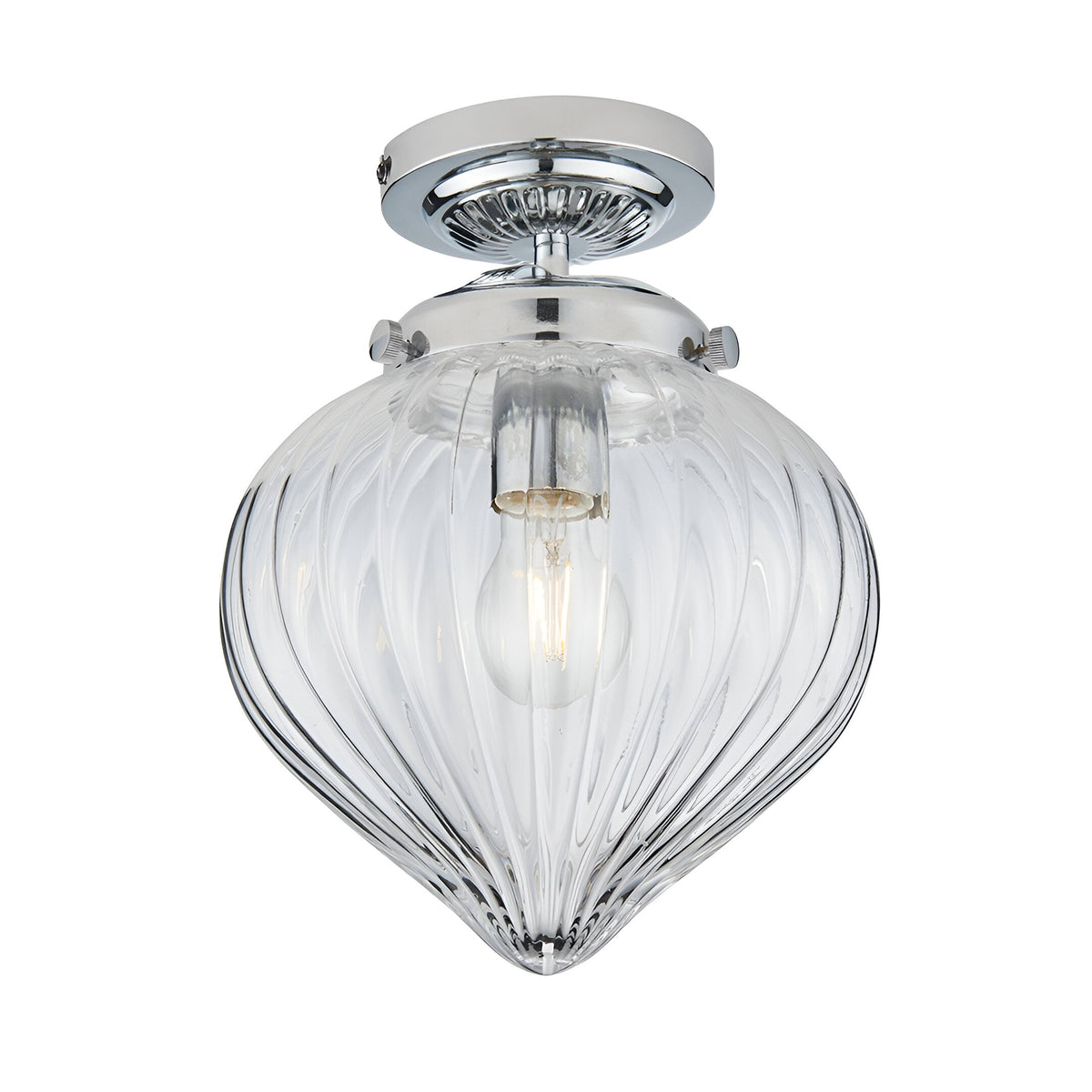 Endon Thornton flush bathroom ceiling light in chrome with a single E27 lamp and a ribbed clear glass teardrop diffuser, on a white background.