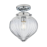 Endon Thornton flush bathroom ceiling light in chrome with a single E27 lamp and a ribbed clear glass teardrop diffuser, on a white background.