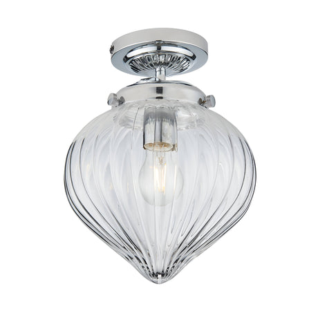 Endon Thornton flush bathroom ceiling light in chrome with a single E27 lamp and a ribbed clear glass teardrop diffuser, on a white background.