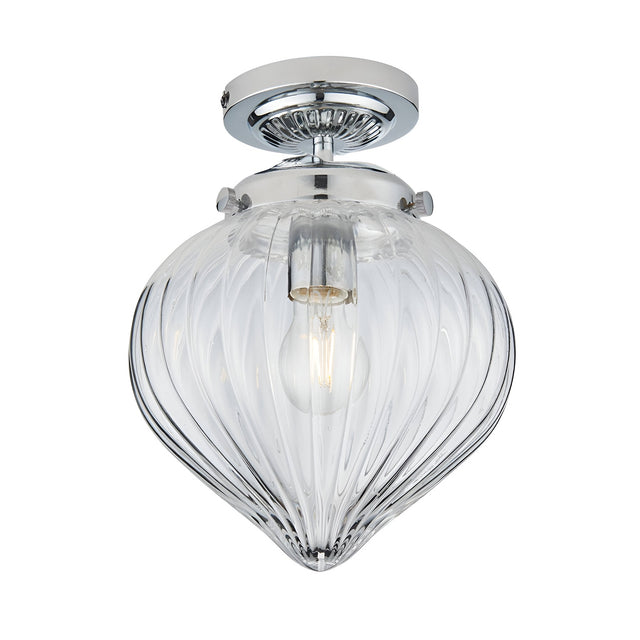 Endon Thornton flush bathroom ceiling light in chrome with a single E27 lamp and a ribbed clear glass teardrop diffuser, on a white background.