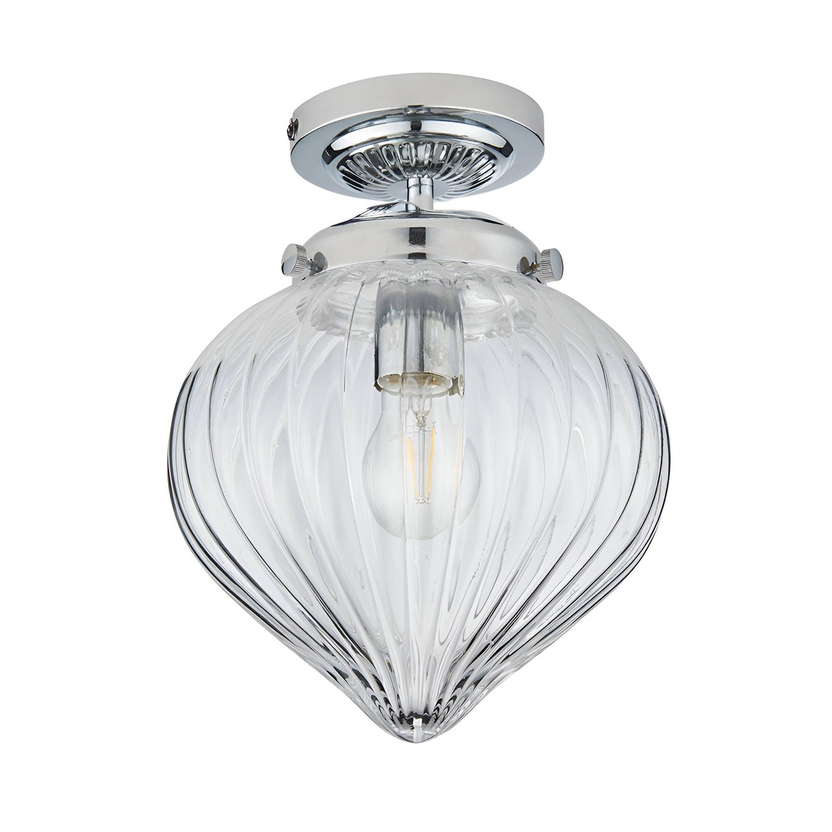 Endon Thornton flush bathroom ceiling light in chrome with a single E27 lamp inside a ribbed teardrop-shaped clear glass diffuser, on a white background.