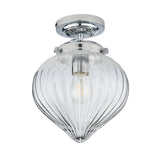 Endon Thornton flush bathroom ceiling light in chrome with a single E27 lamp inside a ribbed teardrop-shaped clear glass diffuser, on a white background.