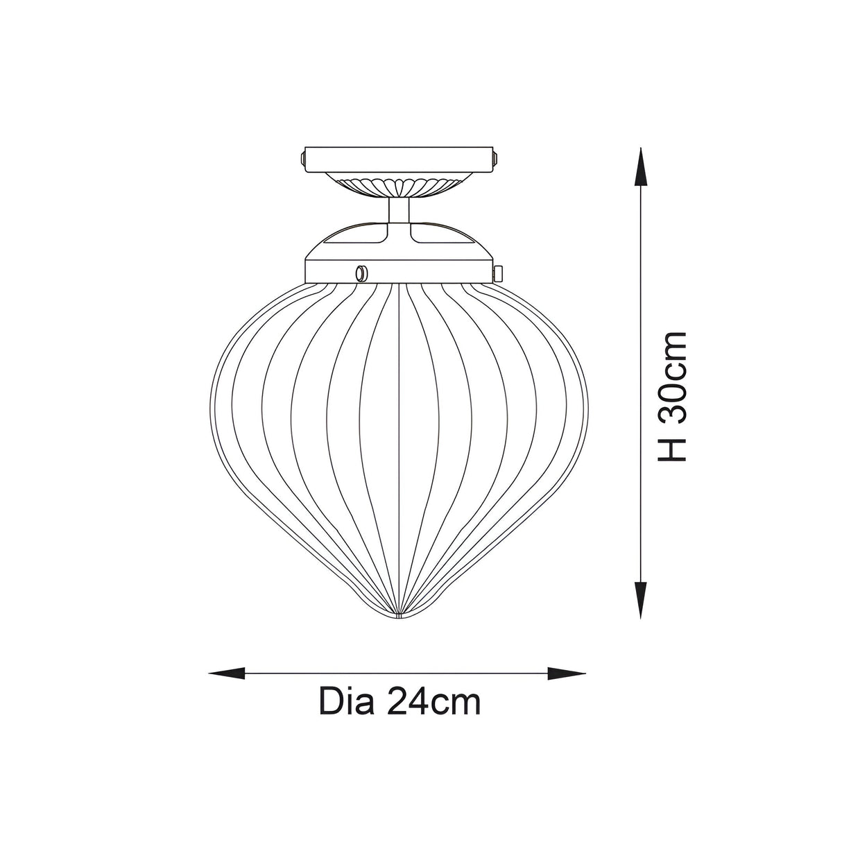 Dimensioned line drawing of the Endon Thornton flush bathroom ceiling light showing 30cm height and 24cm diameter teardrop glass shade on chrome fitting.