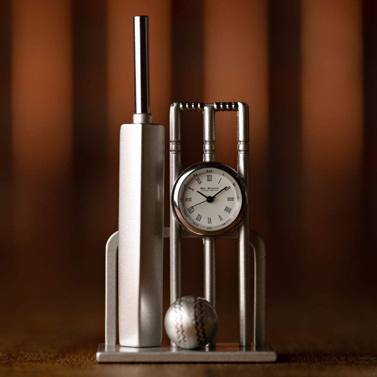 Cricket Bat, Ball & Wickets Miniature Metal Mantel Clock - Silver