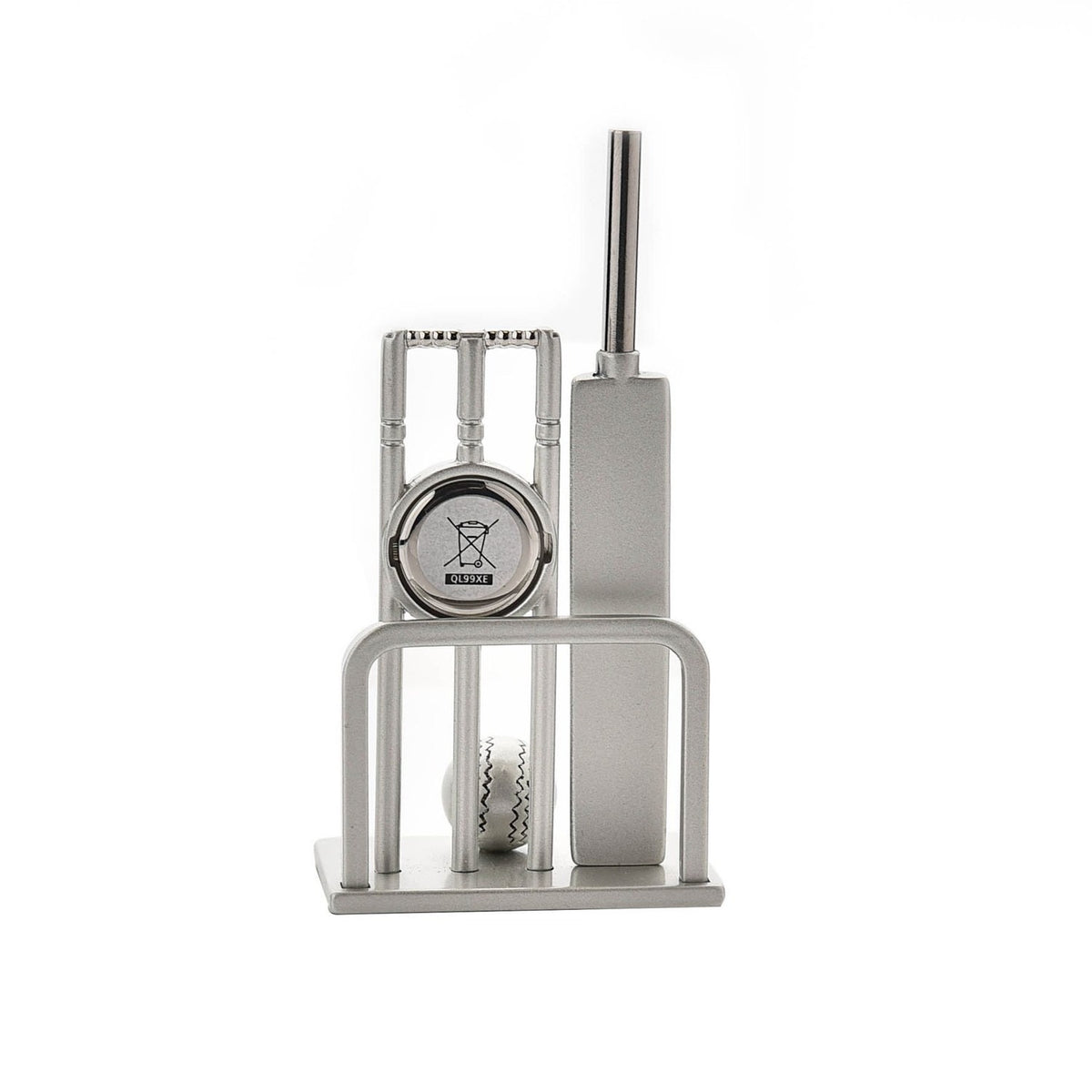 Cricket Bat, Ball & Wickets Miniature Metal Mantel Clock - Silver