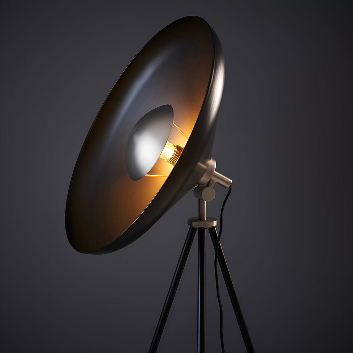 Endon Bramshaw floor lamp in matt black with a large tilted dish shade, illuminated E27 bulb, and matt nickel tripod detail on a dark background.