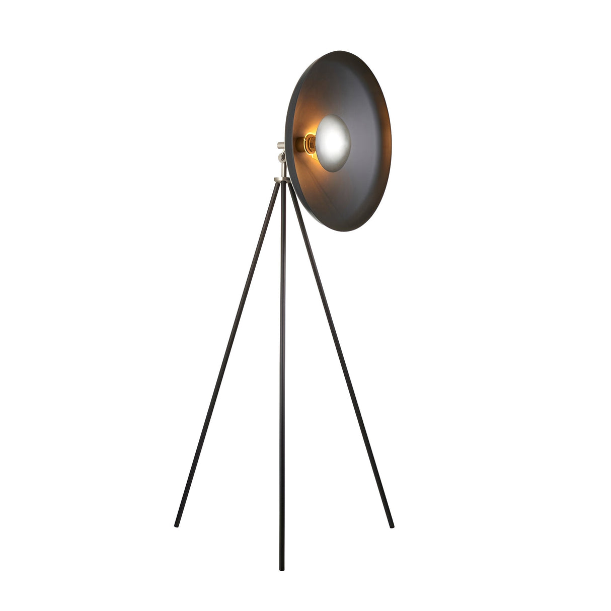 Endon Bramshaw floor lamp in matt black with large tilted dish shade, E27 bulb and slim tripod stand, shown on a plain white background.