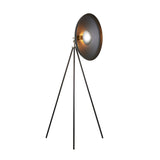 Endon Bramshaw floor lamp in matt black with large tilted dish shade, E27 bulb and slim tripod stand, shown on a plain white background.