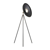 Endon Bramshaw tripod floor lamp in matt black with large domed shade, tilted head, nickel details, and slim three-legged stand on a white background.