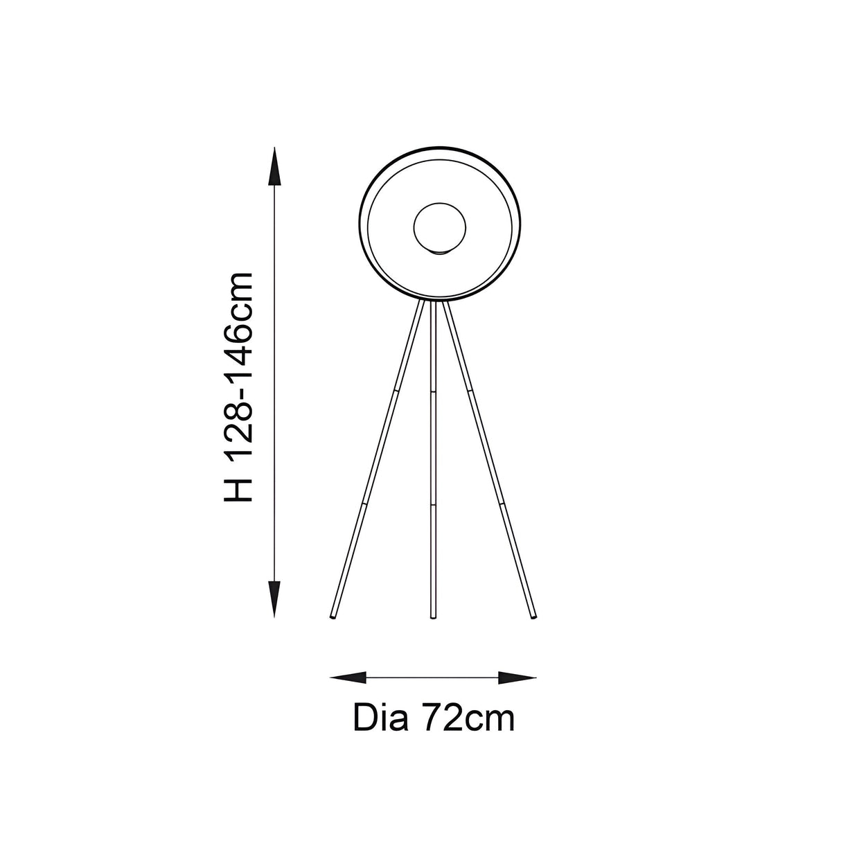 Endon Bramshaw tripod floor lamp dimension diagram showing height 128-146cm and 72cm diameter shade on a plain background.