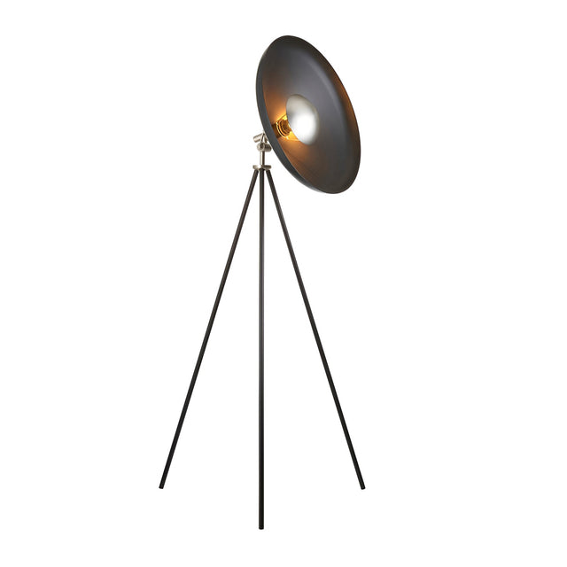 Endon Bramshaw tripod floor lamp in matt black with large domed shade, angled head, nickel detailing and E27 bulb, shown on a white background.
