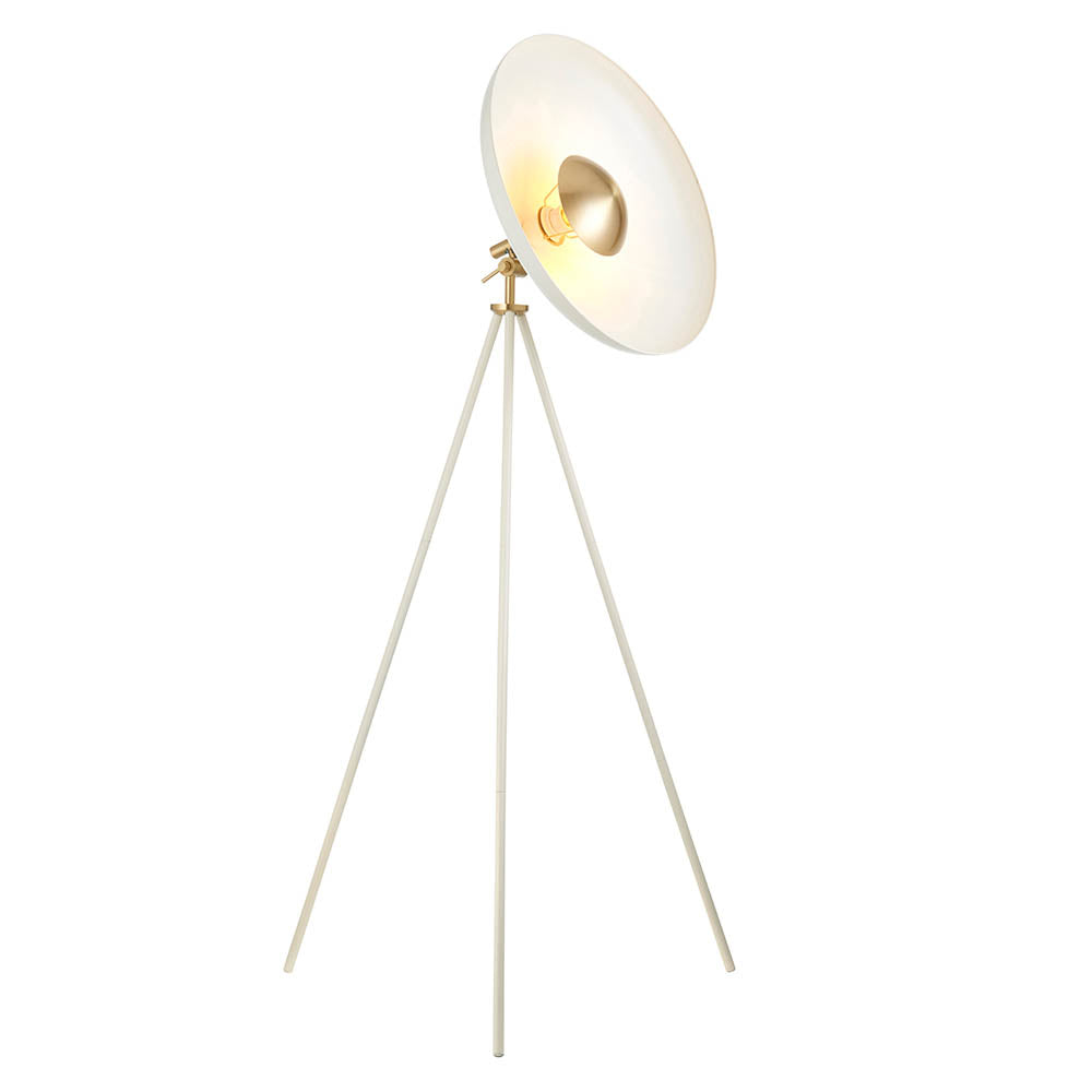 Endon Bramshaw floor lamp in white with brushed brass details, featuring a tilted dish shade on an adjustable tripod base, on a plain background.