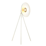 Endon Bramshaw tripod floor lamp in white with brushed brass details and a large angled disc shade, shown against a plain white background.