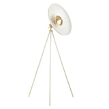 Endon Bramshaw floor lamp in white with brushed brass details, featuring a large tilted dish shade on an adjustable tripod stand, on a white background.