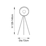 Dimension diagram of the Endon Bramshaw tripod floor lamp showing adjustable height 128-146cm and 72cm diameter on a plain white background.