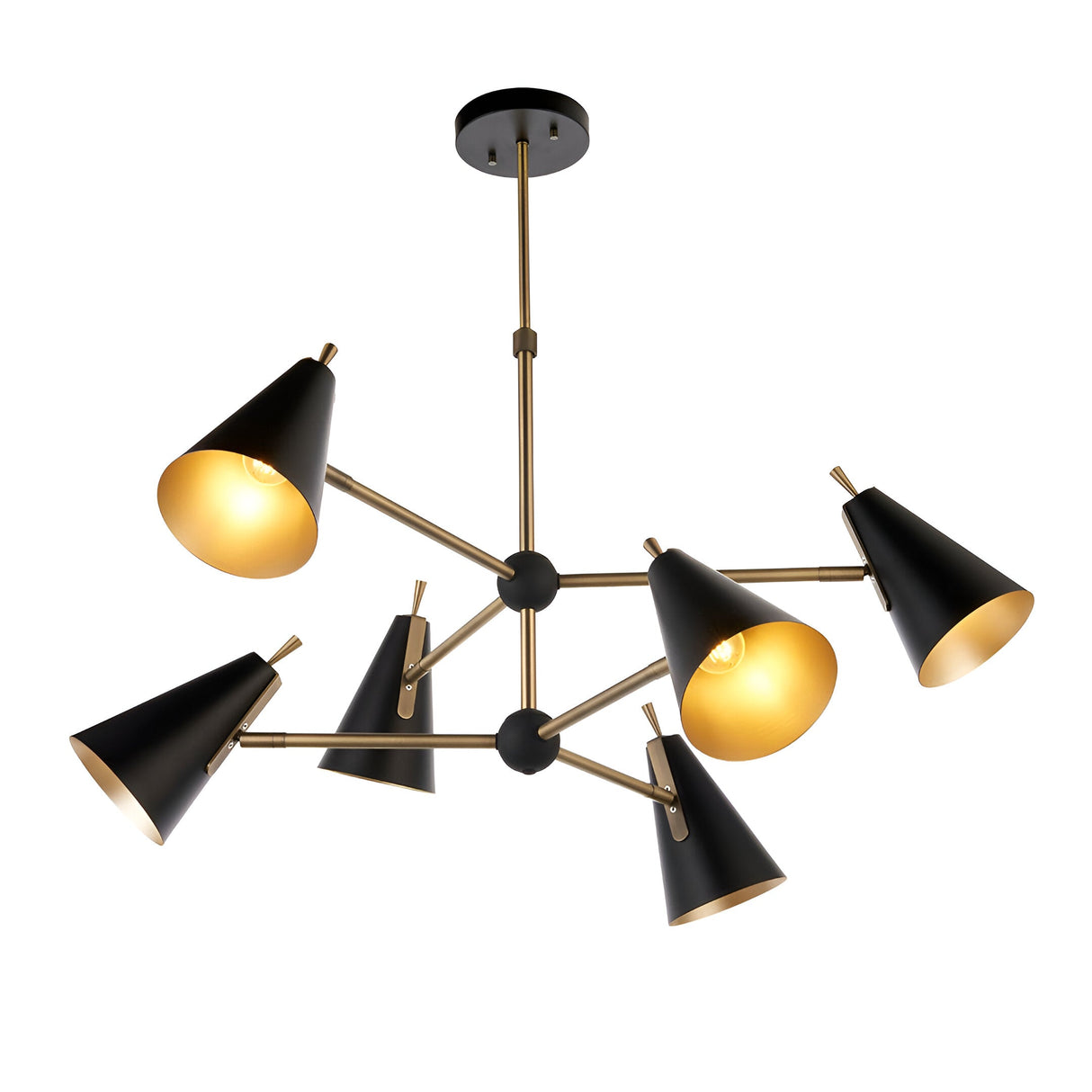 Brackwick 6-light pendant with matt black cone shades on adjustable brass arms, brass telescopic stem, round black ceiling rose, on a white background.