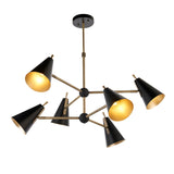 Brackwick 6-light pendant with matt black cone shades on adjustable brass arms, brass telescopic stem, round black ceiling rose, on a white background.