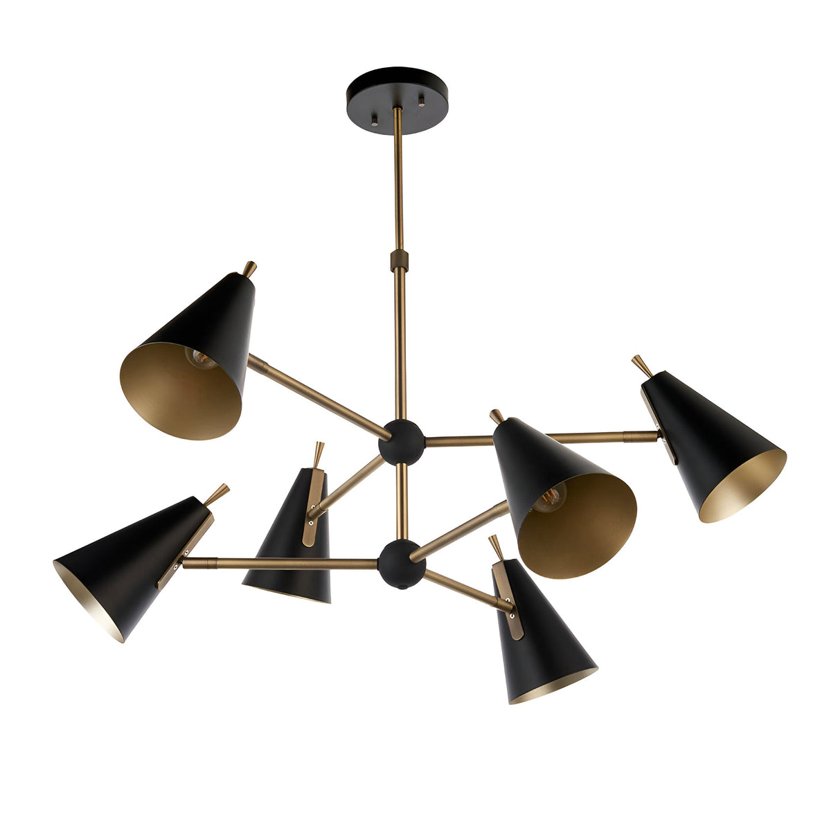 Brackwick 6 Light Pendant with matt black cone shades and antique brass arms on a telescopic stem, shown against a plain white background.