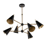 Brackwick 6 Light Pendant with matt black cone shades and antique brass arms on a telescopic stem, shown against a plain white background.
