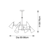 Line drawing of the Brackwick 6 Light Pendant showing six adjustable cone shades on splayed arms with dimensions, height 58-76cm and diameter 90-96cm.