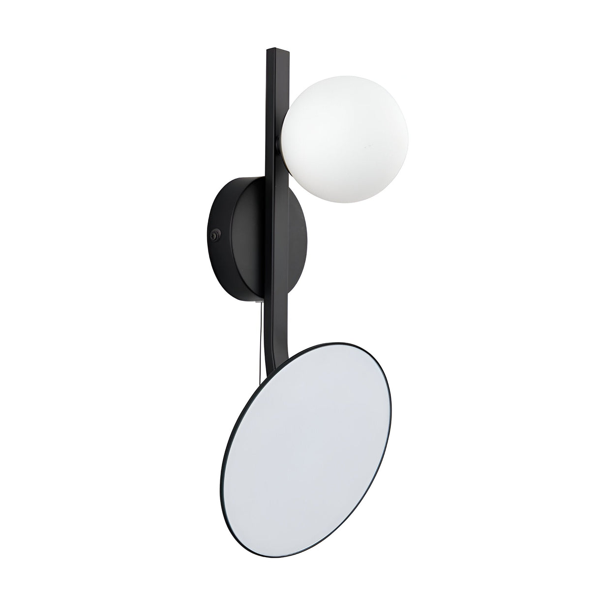 Endon Cliffshaw matt black bathroom wall light with a single opal glass sphere and adjustable round magnifying mirror on a plain background.