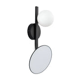 Endon Cliffshaw matt black bathroom wall light with a single opal glass sphere and adjustable round magnifying mirror on a plain background.