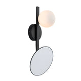 Endon Cliffshaw matt black bathroom wall light with a single opal glass sphere and adjustable round magnifying mirror on a plain background.