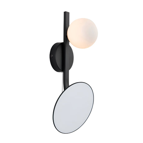 Endon Cliffshaw matt black bathroom wall light with a single opal glass sphere and adjustable round magnifying mirror on a plain background.