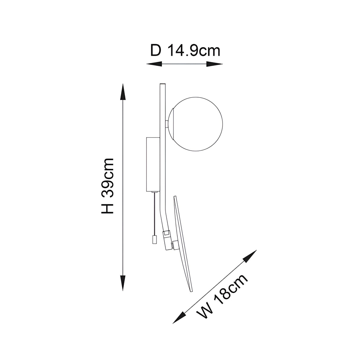 Dimension diagram of the Endon Cliffshaw bathroom wall light in black, showing 39cm height, 18cm width and 14.9cm projection.