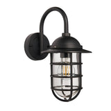 Chartgrove Outdoor Wall Light in black aluminium, with a curved arm, dome top, and caged clear glass shade housing an E27 bulb, shown on a white background.