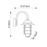 Line drawing of the Chartgrove Outdoor Wall Light in black, showing a curved arm, dome top and caged glass shade, with dimensions H 34cm, D 27.2cm, W 18cm.