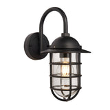 Chartgrove Outdoor Wall Light in black aluminium, single E27 caged fitting over a clear glass shade with curved arm and round backplate, plain white background.