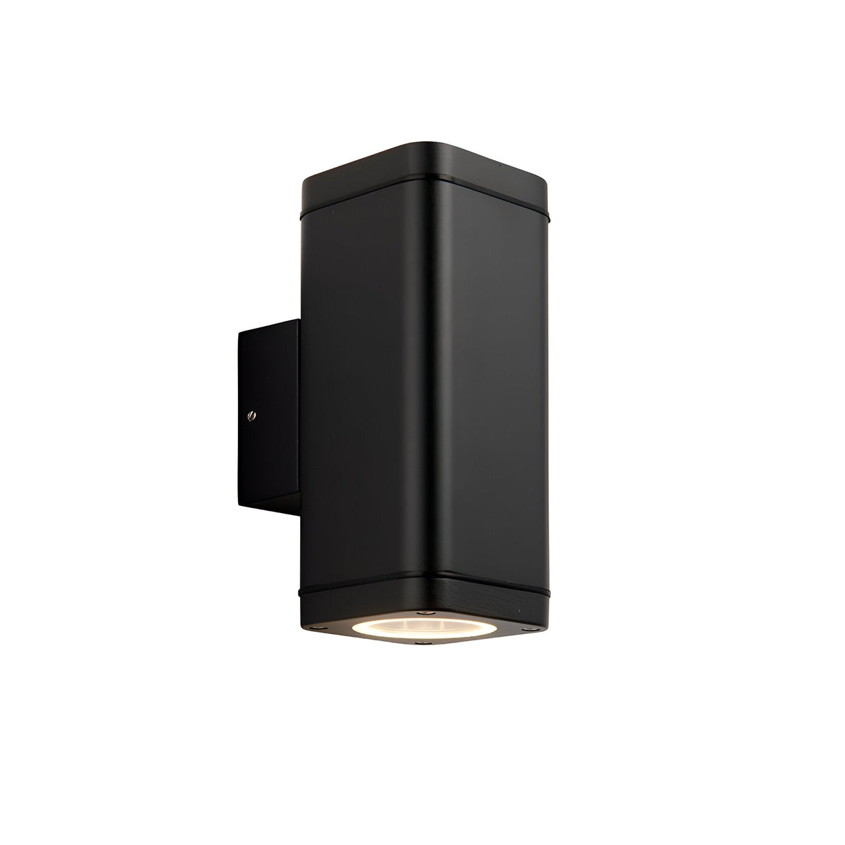 Carlford 2 Light Outdoor Wall Light in black aluminium, rectangular design with up and down glass diffusers, wall bracket, shown on a plain white background.
