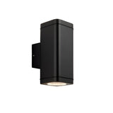 Carlford 2 Light Outdoor Wall Light in black aluminium, rectangular design with up and down glass diffusers, wall bracket, shown on a plain white background.