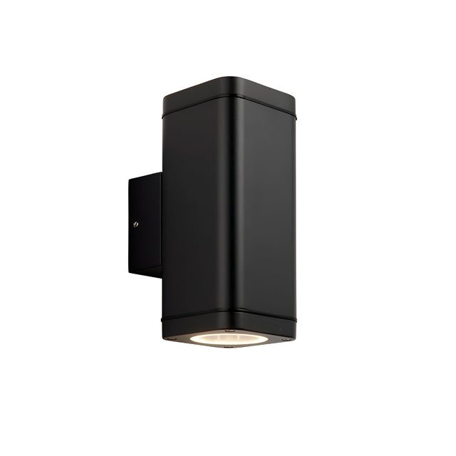 Carlford 2 Light Outdoor Wall Light in black aluminium, rectangular design with up and down glass diffusers, wall bracket, shown on a plain white background.
