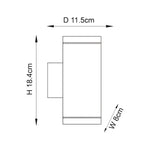Technical line drawing of the Carlford 2 Light Outdoor Wall Light in black, showing dimensions: 11.5cm depth, 18.4cm height, 8cm width.