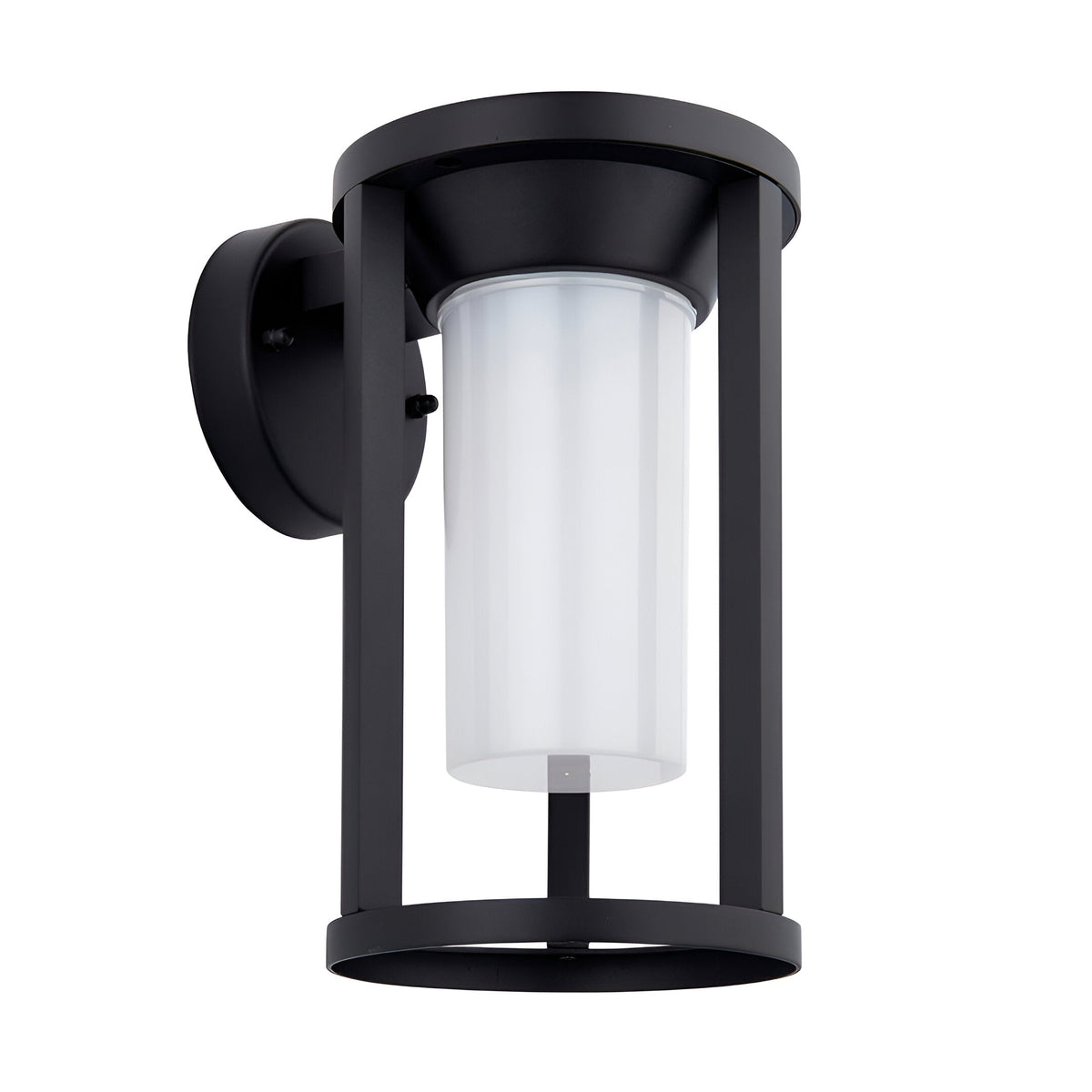 Endon Ashdale modern outdoor wall light with black aluminium frame and white polycarbonate cylinder shade, shown on a plain white background.