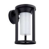 Endon Ashdale modern outdoor wall light with black aluminium frame and white polycarbonate cylinder shade, shown on a plain white background.