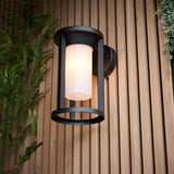 Endon Ashdale outdoor wall light with a cylindrical white polycarbonate shade in a matte black cage frame, mounted on a slatted wood wall beside foliage.