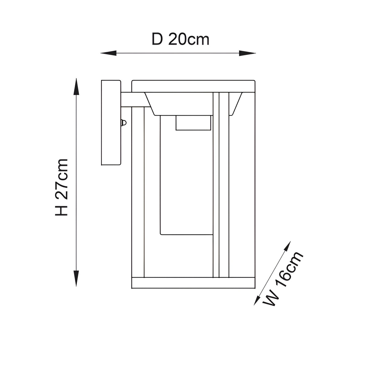 Dimensioned line drawing of Endon Ashdale outdoor wall light showing 27cm height, 16cm width and 20cm projection on a white background.