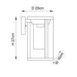 Dimensioned line drawing of Endon Ashdale outdoor wall light showing 27cm height, 16cm width and 20cm projection on a white background.