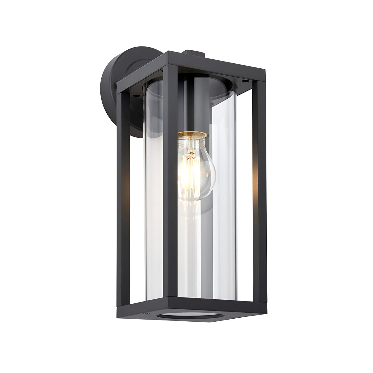 Endon Bramwood outdoor wall light in textured black aluminium with a rectangular lantern frame, clear glass panels, and an E27 filament bulb inside.