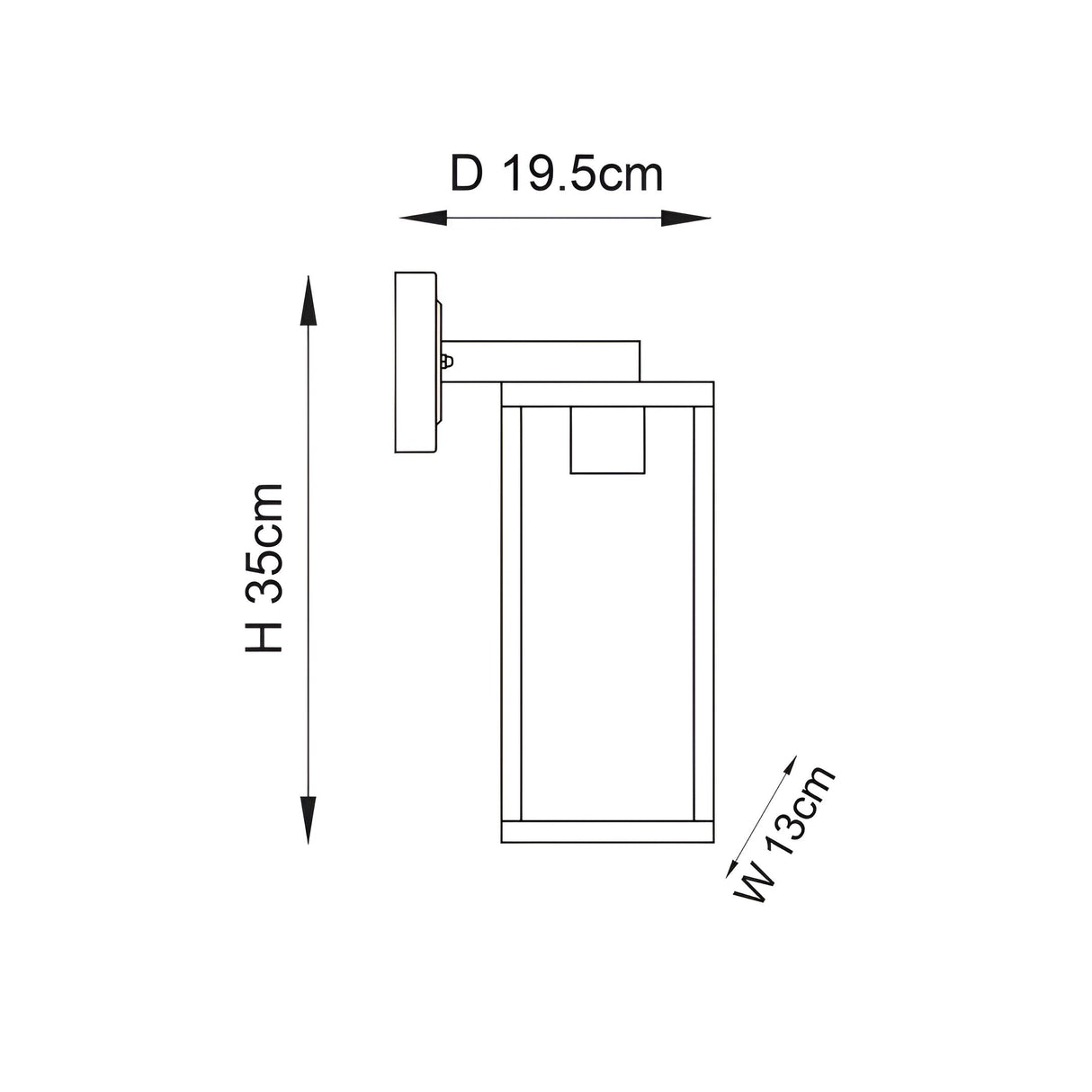 Dimension diagram of the Endon Bramwood outdoor wall light showing 35cm height, 13cm width and 19.5cm projection on a white background.