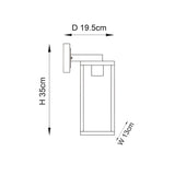 Dimension diagram of the Endon Bramwood outdoor wall light showing 35cm height, 13cm width and 19.5cm projection on a white background.