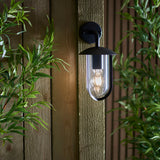 Chartley Outdoor Wall Light in black aluminium, mounted on a wooden fence panel with a clear shade revealing a glowing filament bulb, framed by green foliage.